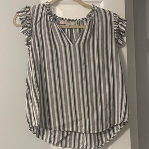LOFT Black and White Striped Ruffle Blouse